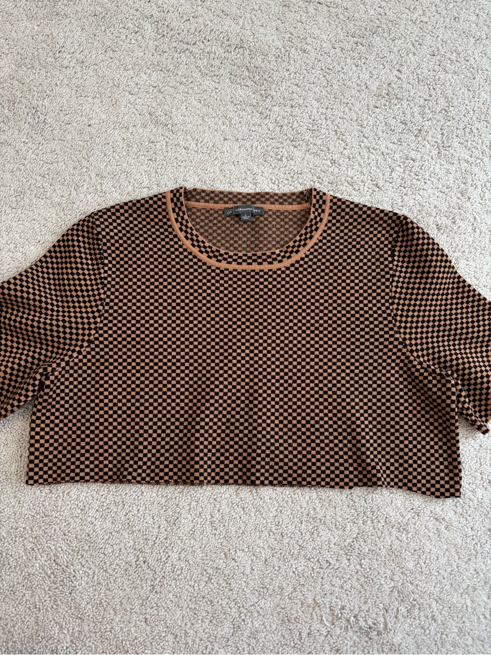 Adrianna Papell Brown & Black Checkerboard Cropped Knit Top, Women’s Large